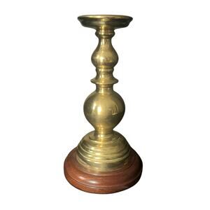 Vintage 70s Mid Century Modern large brass and wood candlestick